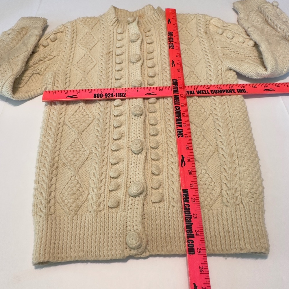 Theresa Farren Hand Knit Wool Aran Cardigan Cream Cable Bobble Fisherman Sweater - Picture 6 of 11